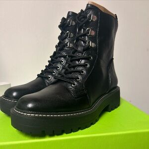 Sam Edelman LUE Black Leather Combat Boots Size 8 Lug Sole Lace Up NEW